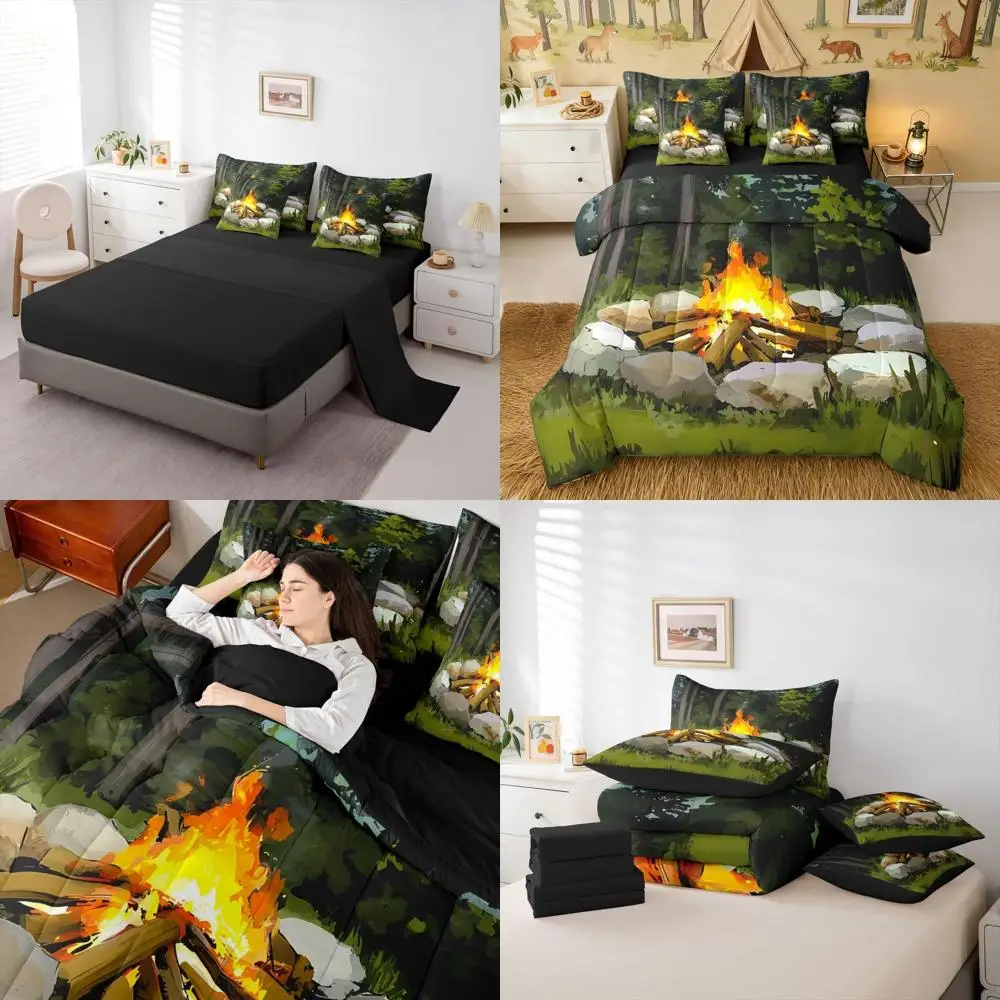 

7-Piece King Size Campsite Bedding Set with Sheets, Perfect for Kids' Bedroom, Featuring Forest Animals & Summer Camping Theme