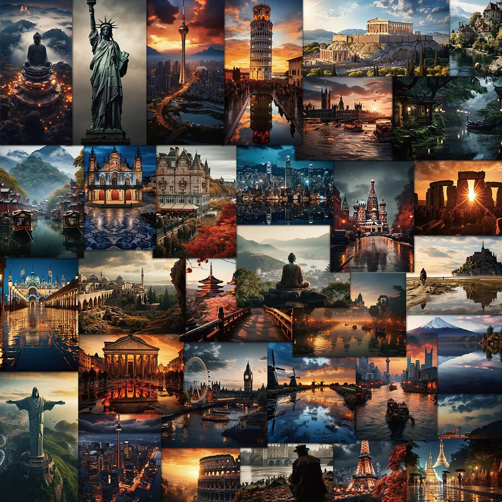 50PCS Landmark Building Photo Stickers Travel Exquisite Handbooks Materials Phone Cases Laptop Suitcases Water Cups Waterproof