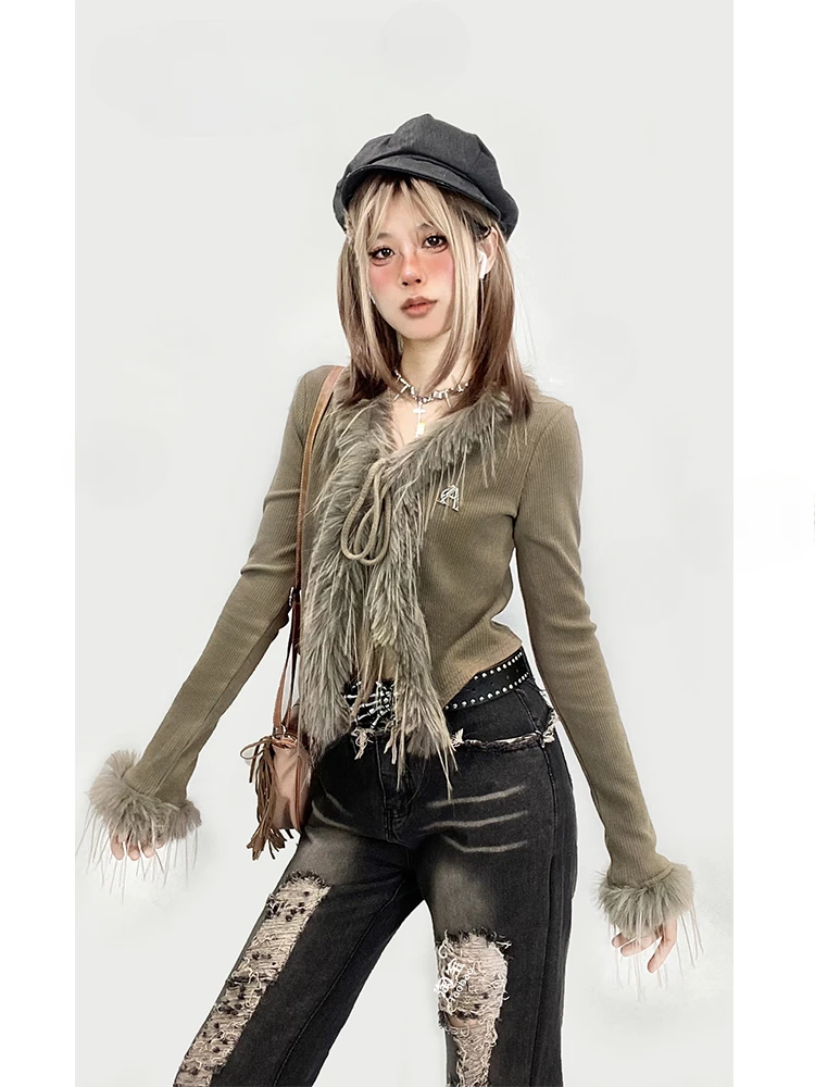 Maillard retro fluffy knitted sweater Spice Girl brown short open-button bottoming top V-neck polished lace-up cardigan