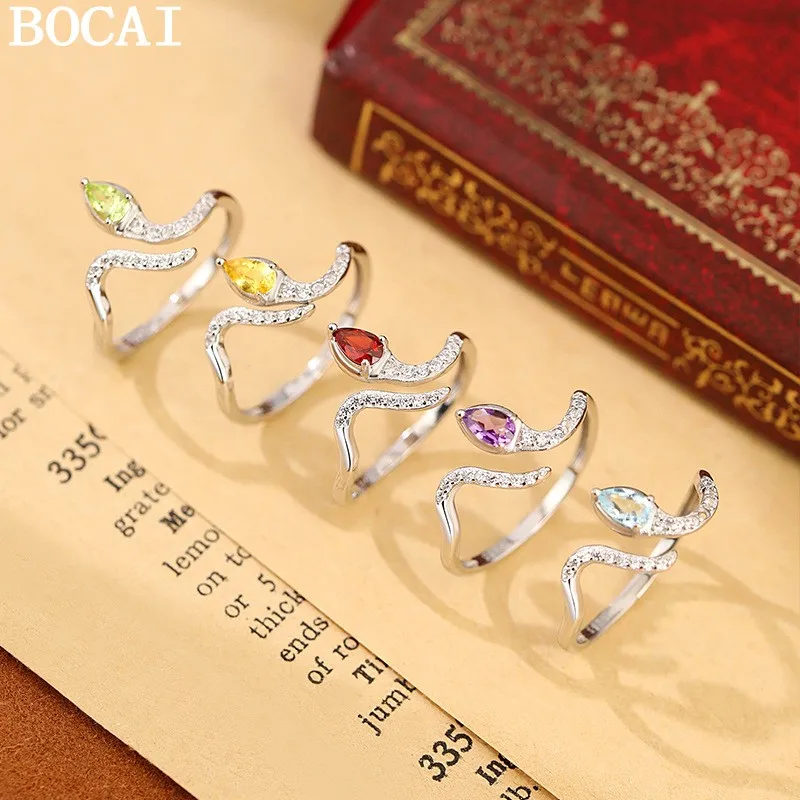 

BOCAI New S925 Pure Silver Jewelry Personalized Luxury Selected Crystals Topaz Olivine Garnet Spirit Snake Engagement Ring