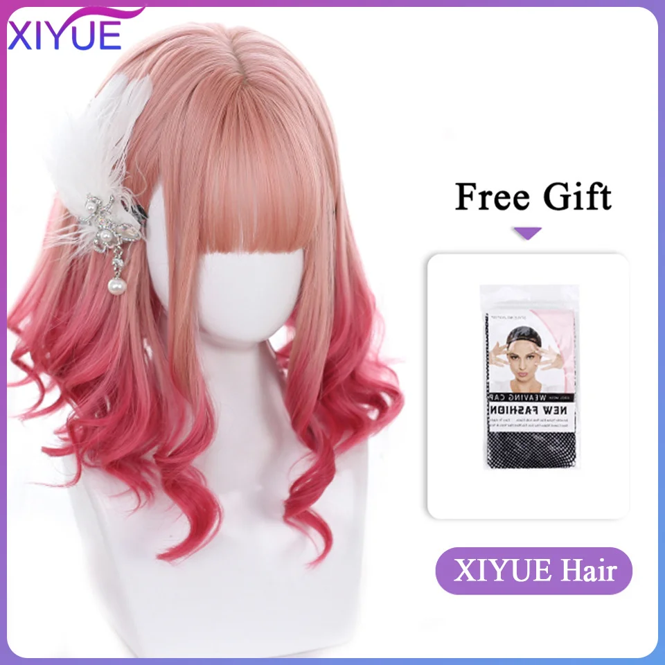 XIYUE Blue Pink Lolita Wigs Ombre Long Water Wave Cosplay Wigs Synthetic Hair Wigs Heat Resistant For Women American Style