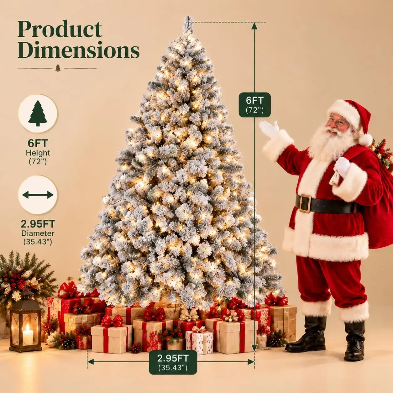 Outdoor Patio Decor 6 Ft Pre Lit Snow Flocked Fraser Fir Artificial Christmas Tree with Warm White Lights Hinged Branches Metal Stand Red Berry and Pinecone Decorations for Indoor Holiday Home Living Room Decor