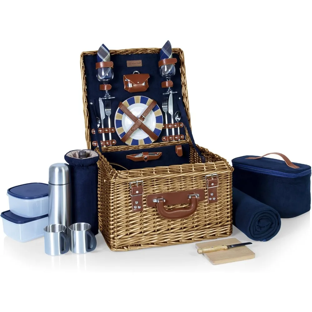 Romantic Canterbury Deluxe Wicker Picnic Basket Set for 2, with Blanket and Soft Cooler, One Size, Navy with Plaid