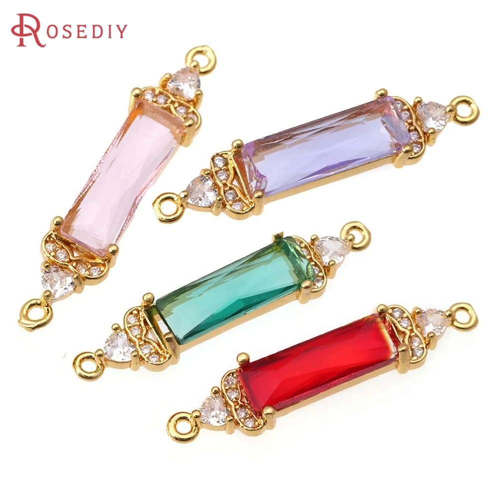 

4PCS 18K Gold Color Brass Zircon Glass 2 Holes Rectangle Connect Charms Pendants High Quality Diy Jewelry Making Accessories
