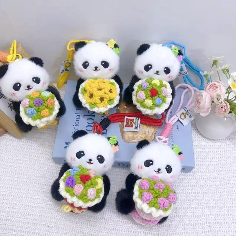 Simpatico fard Panda Materiale in lana che tiene bouquet Corda intrecciata Morbido peluche Portachiavi Itabag Decorazione con cerniera Coppia regalo di Natale