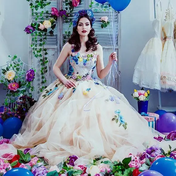 Beauty Bloemenprint Jurk Bloemrijke Prom Jurk Prinses Avondjurken Floor Lengte Jurk Met Trein Blue & Champagne Tulle Gown