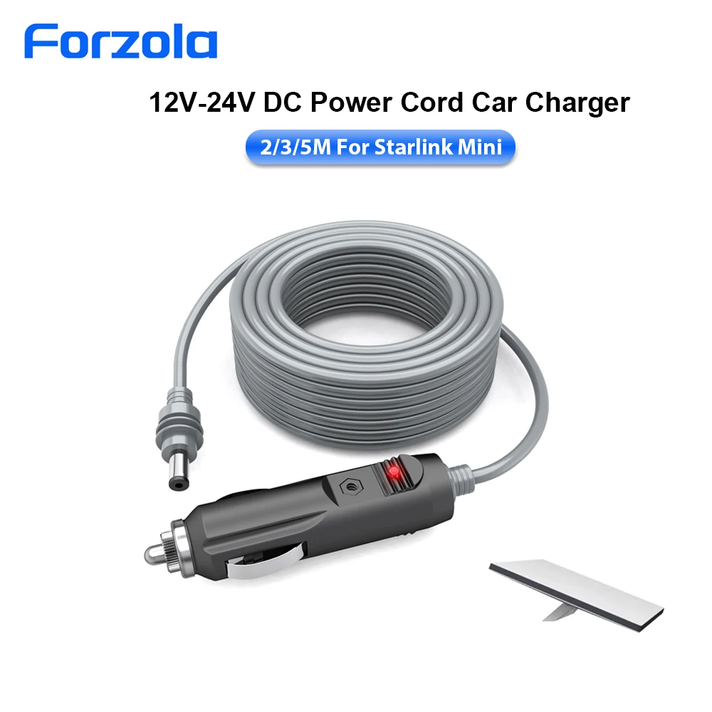 FORZOLA 3/5M Starlink Mini DC Power Cable Cigarette Lighter Starlink Mini Cable 12V-24V DC Car Power Cord for Trucks With Light