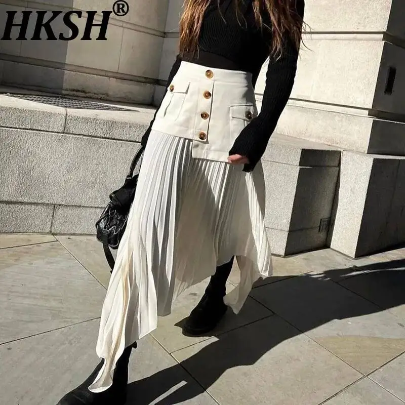 HKSH Women Skirt Elegant Irregular Pleated Patchwork Buttons Pockets Design Trendy Stylish Niche High Street Long Skirts HK25537