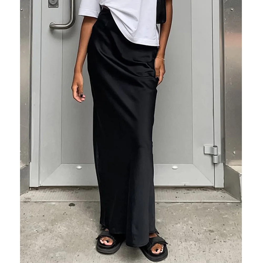 

2023 Summer Women's Imitation Acetate Satin Black Skirt Ladies Solid Color High Waist Casual Fashion Skirt Satin Long Skirts