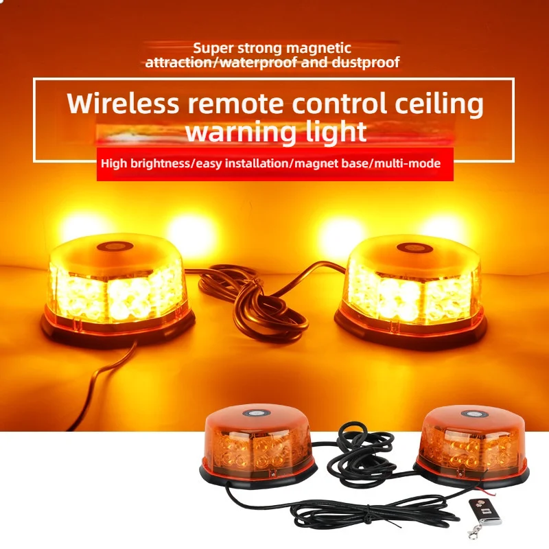 2Pcs Car Truck Ceiling Light Flashing Warning Lamp Magnetic LED Trailer Roof Engineering Strobe Yellow Remote Charge 12V 24V