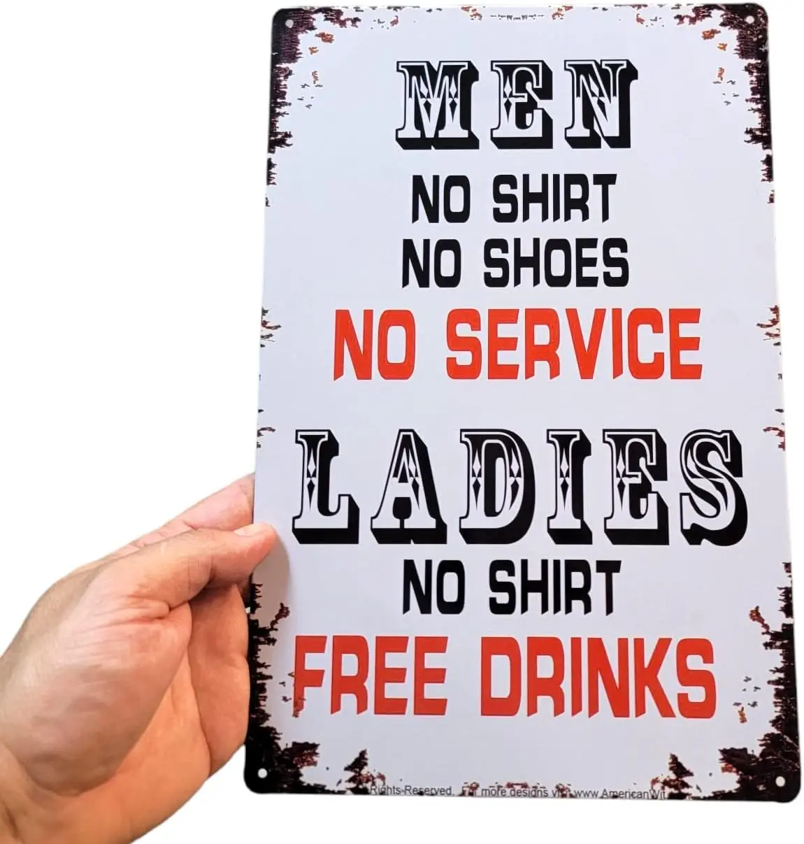 AMERICAN WIT  Metal Tin Funny Bar Sign Wall Decor (Men - No Shirt No Shoes - No Service. Ladies No Shirt - Free Drinks)