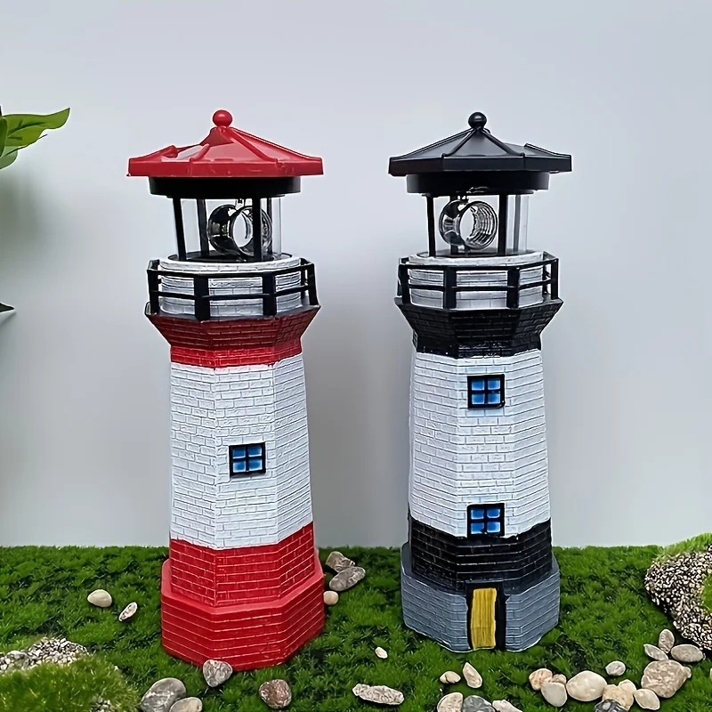 Solar-Leuchtturm, Gartenleuchte, LED-Solar-Leuchtturmstatue mit rotierendem Licht, Gartendekoration, geeignet für Outdoor-Terrace