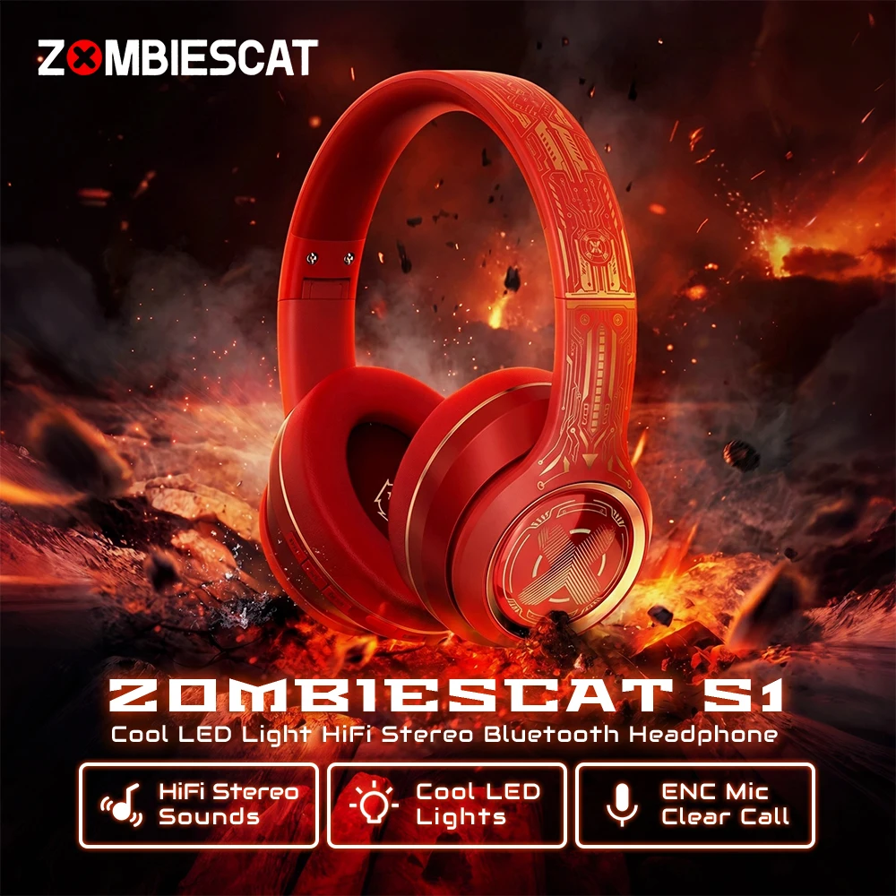 

Zombiescat S1 Powerful Bass Bluetooth Headphones Wireless ENC Call Noise Canceling Over-Ear Earphones with Cool LED Lights