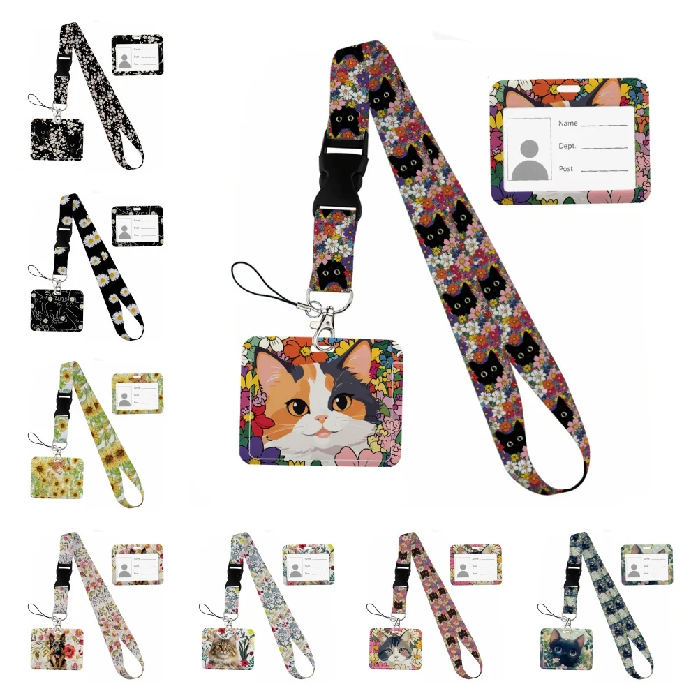 

Flowers and cats Print Keychain Ribbon Lanyards for Keys ID Horizontal Card Collectors Phone Straps Rope Students Badge Holder