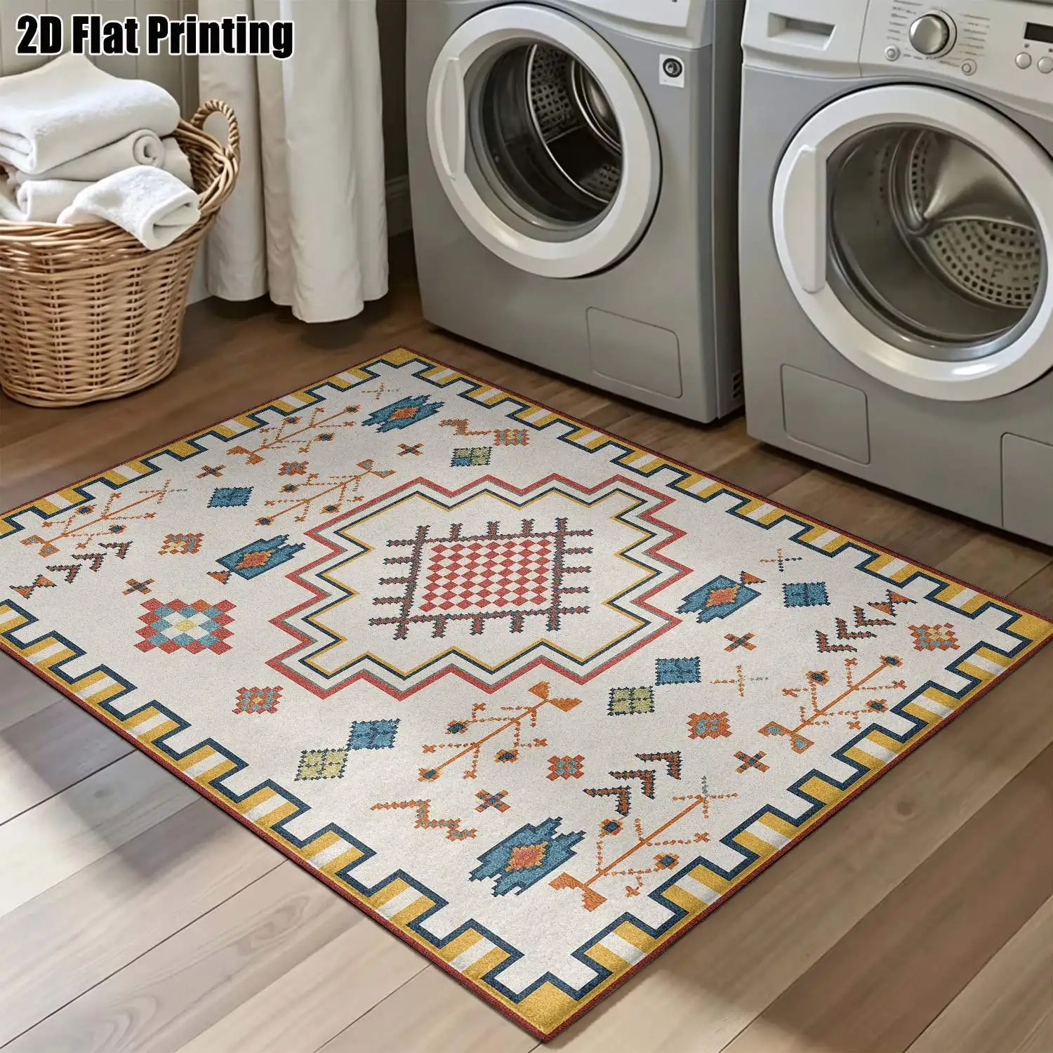 1Pc 2D Printed Colorful Geometric Pattern Carpets: Nordic, Bohemian, Minimalist, Vintage Styles Multi-Size, Machine Washable, Ideal for Home Decor, Entryway, Dining Room, Living Room, Bedroom.