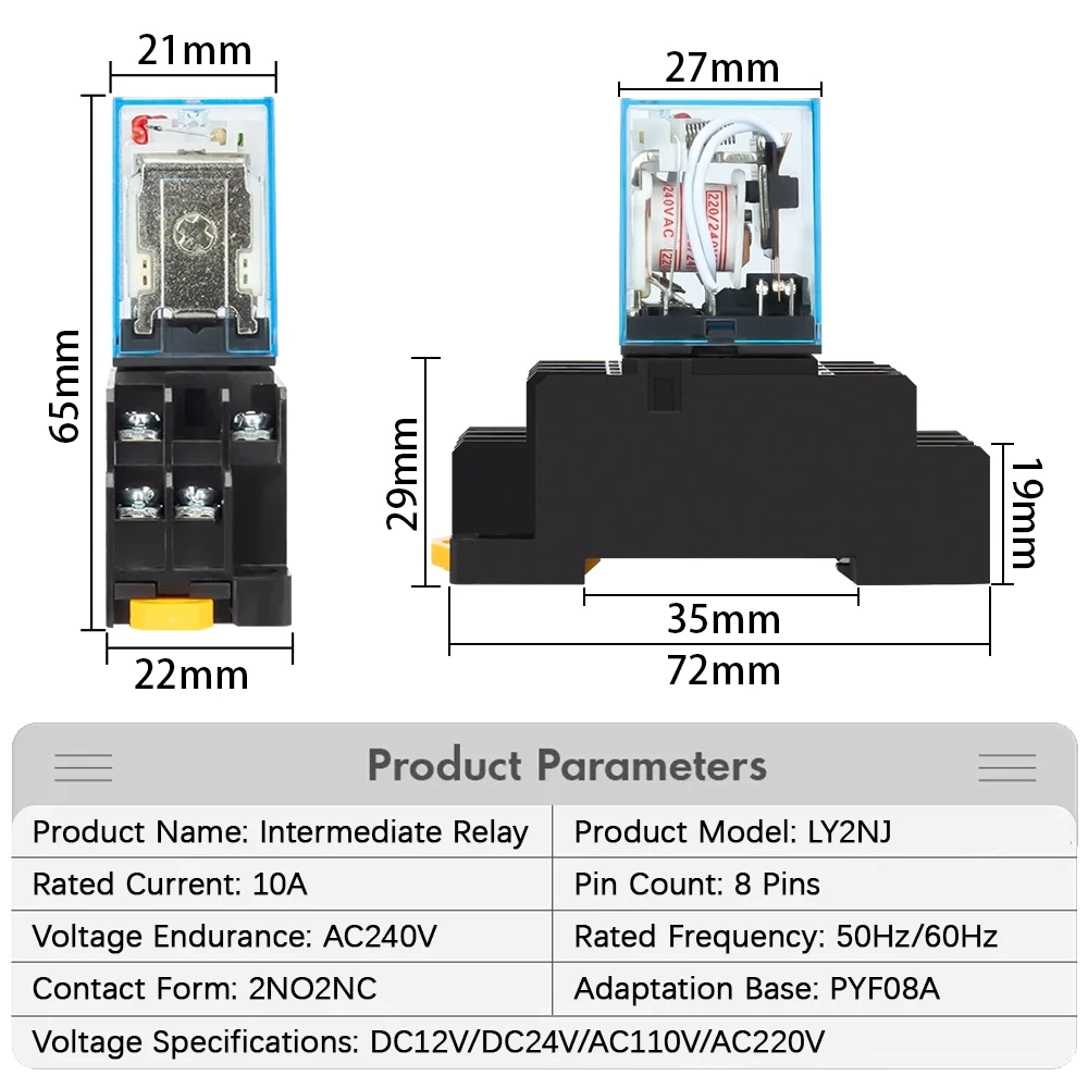 1Pcs LY2NJ HH62P Small Electromagnetic Relay 10A 8PIN Coil Power Relay DC12V DC24V AC110V AC220V With Socket Base DIN Rail