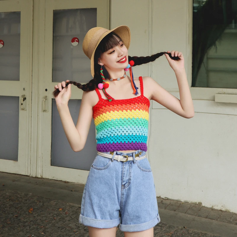 

Handmade Rainbow ort Svel Vest Women's Spring Summer n Sle Inner Wear Outer Wear Small Strap Top