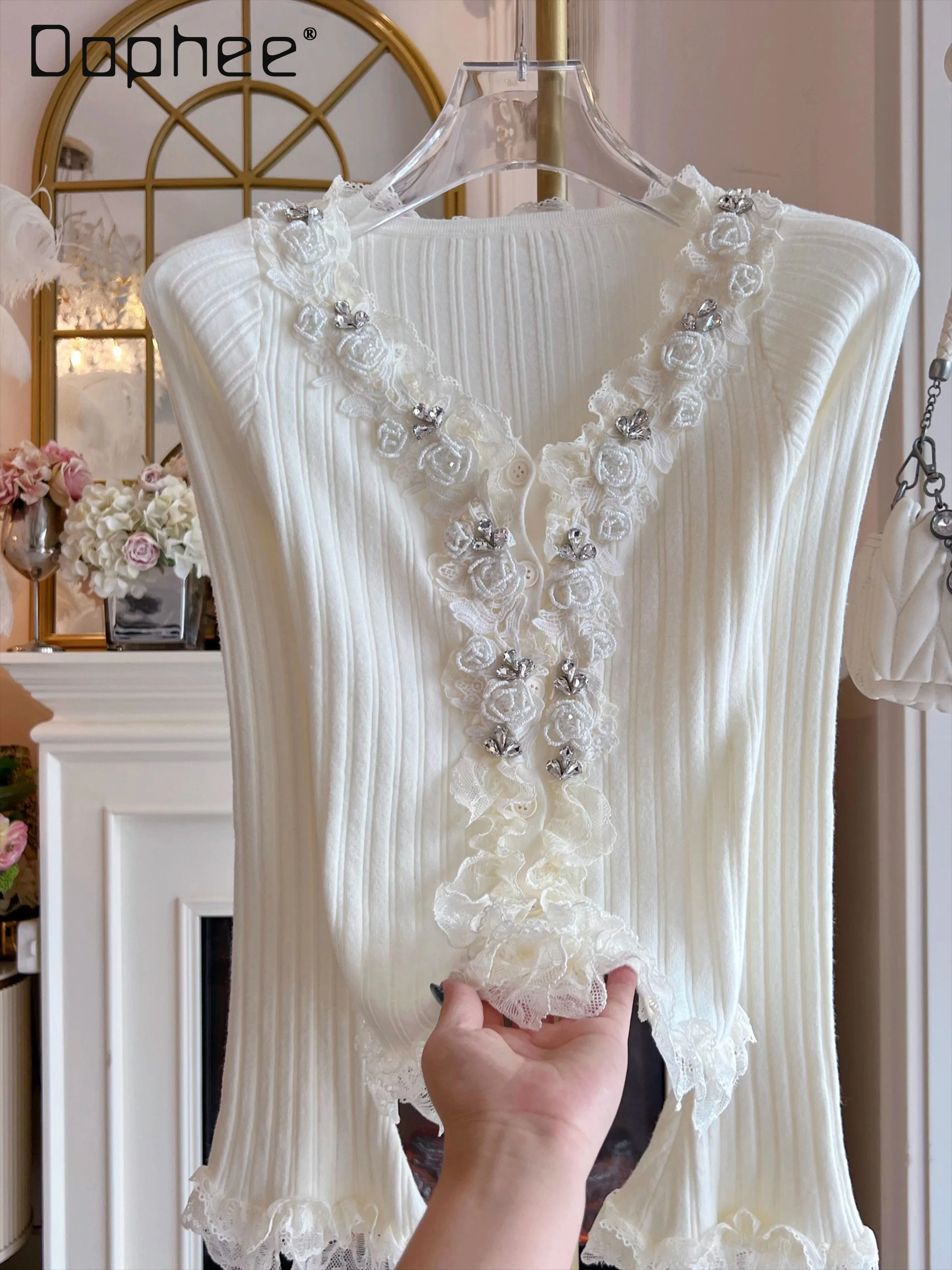 

Кружевной лоскутный вязаный топ во французском стиле, женский осенне-зимний оригинальный универсальный базовый топ с тяжелыми бисером и стразами для похудения