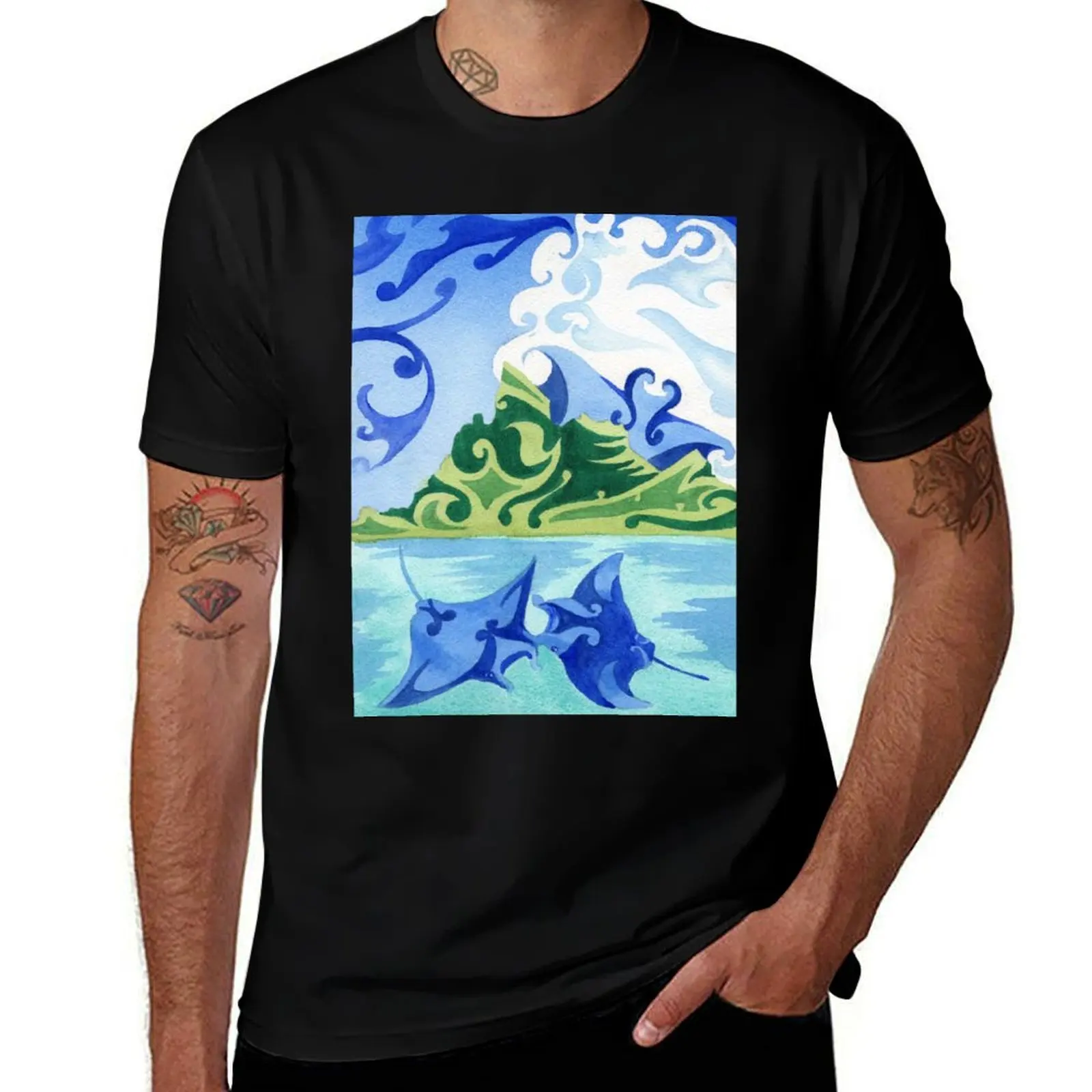 Polynesian manta rays in Bora Bora's lagoon T-Shirt Soft Casual Short Sleeve Cotton Tee T-Shirt