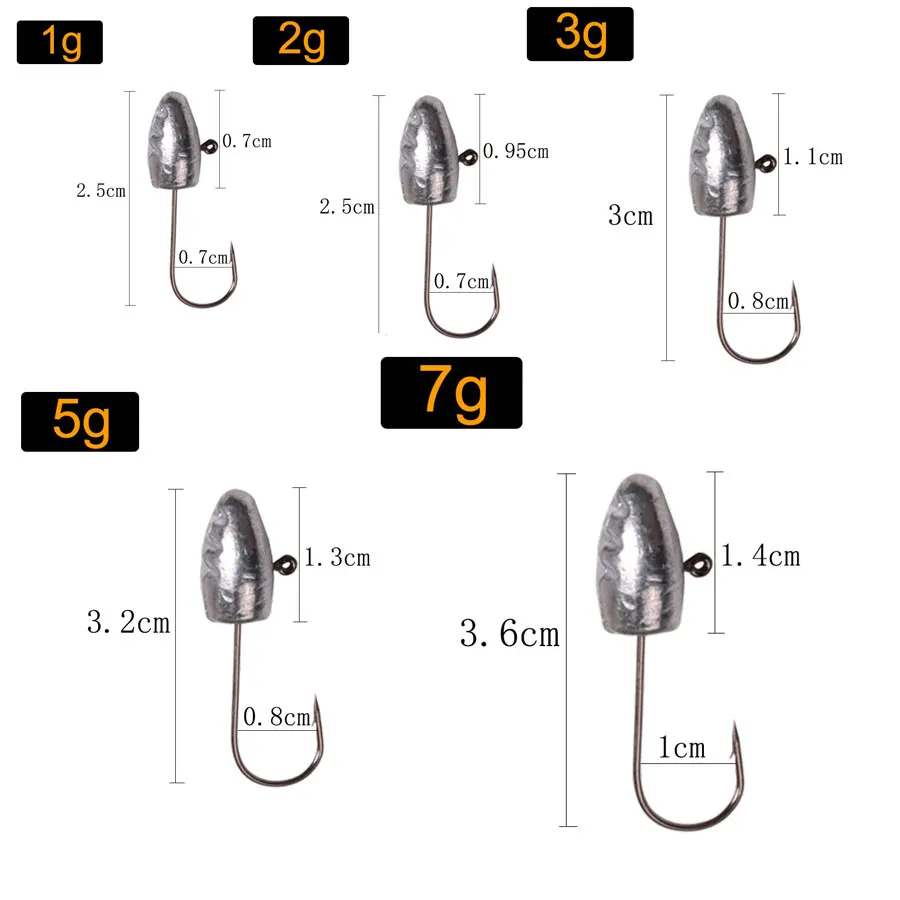 JYJ 21pcs/box 1g 2g 3g 5g 7g jig head fishing hook ,small soft lure bait carbon steel hook for rooting fishing tackle