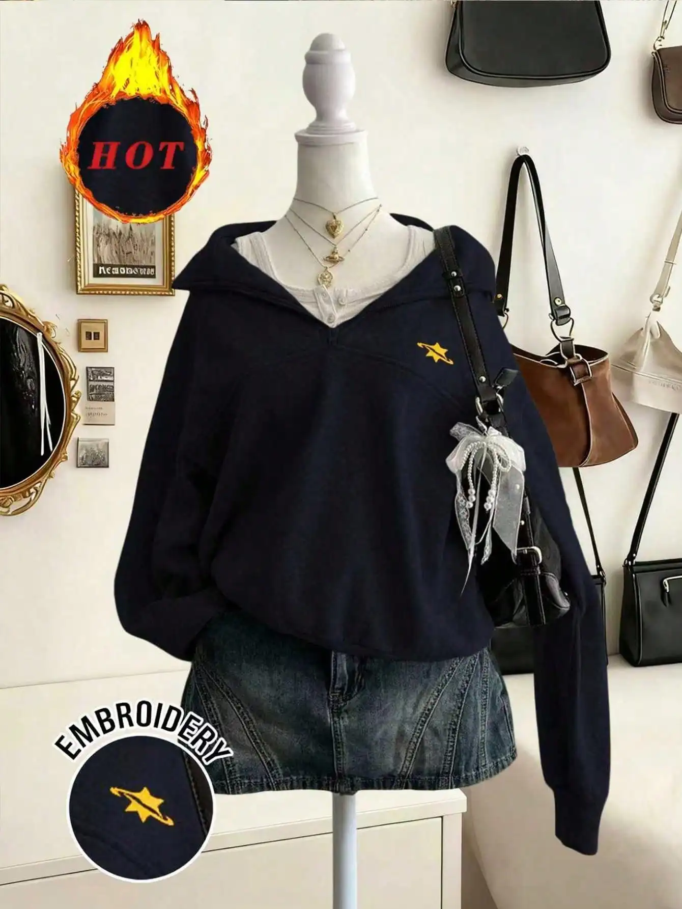 

Women's Oversized Drop Shoulder Hoodie with Star Embroidery, Autumn Winter Thermal Lined Sweatshirt