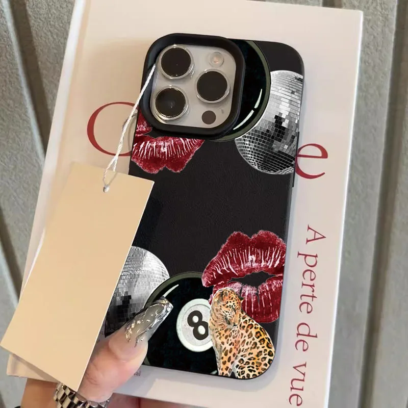 Per iPhone 16 15 14 13 12 11 Pro Max Custodia Vintage Lip Print Stampa leopardata Modello piscina Cover per iPhone 16 15 Plus X XS XR Funda