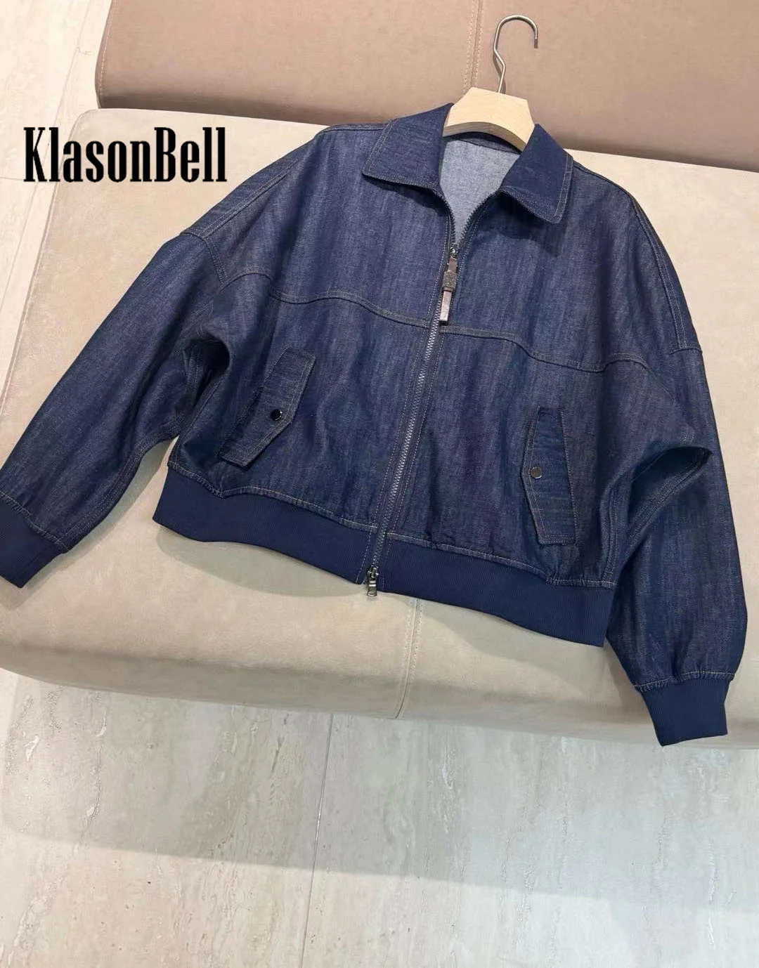 1.10 KlasonBell-Chaqueta corta con solapa y cremallera y cadena de cuentas o pantalones de pierna ancha o Falda Midi plisada de cintura alta, conjunto informal de mezclilla para mujer