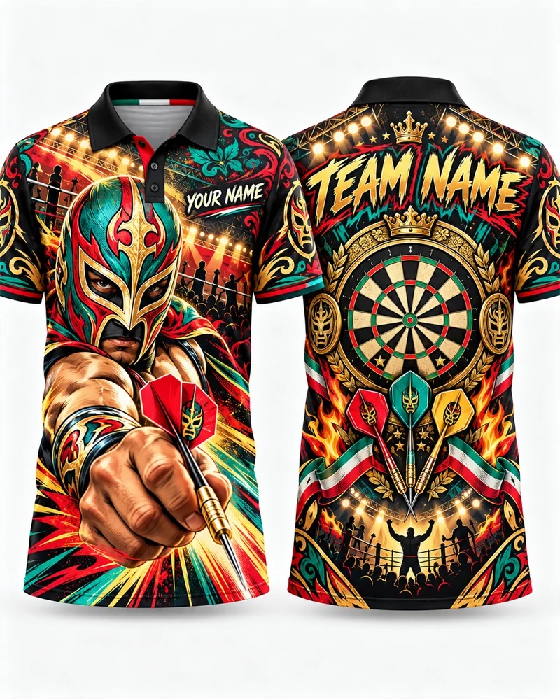 Men's Custom Name Darts Polo Shirt Luchador Bulldog Peacock Tiger Cyber Dart Print Breathable Short Sleeve Jersey for Men