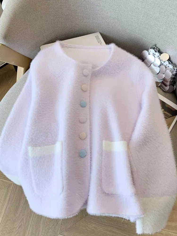 Faux Nertsen Kasjmier Zoet Vest Vrouwen Lange Mouw O Hals Elegante Gebreide Truien Koreaanse Herfst Winter Mode Zachte Zakken Tops