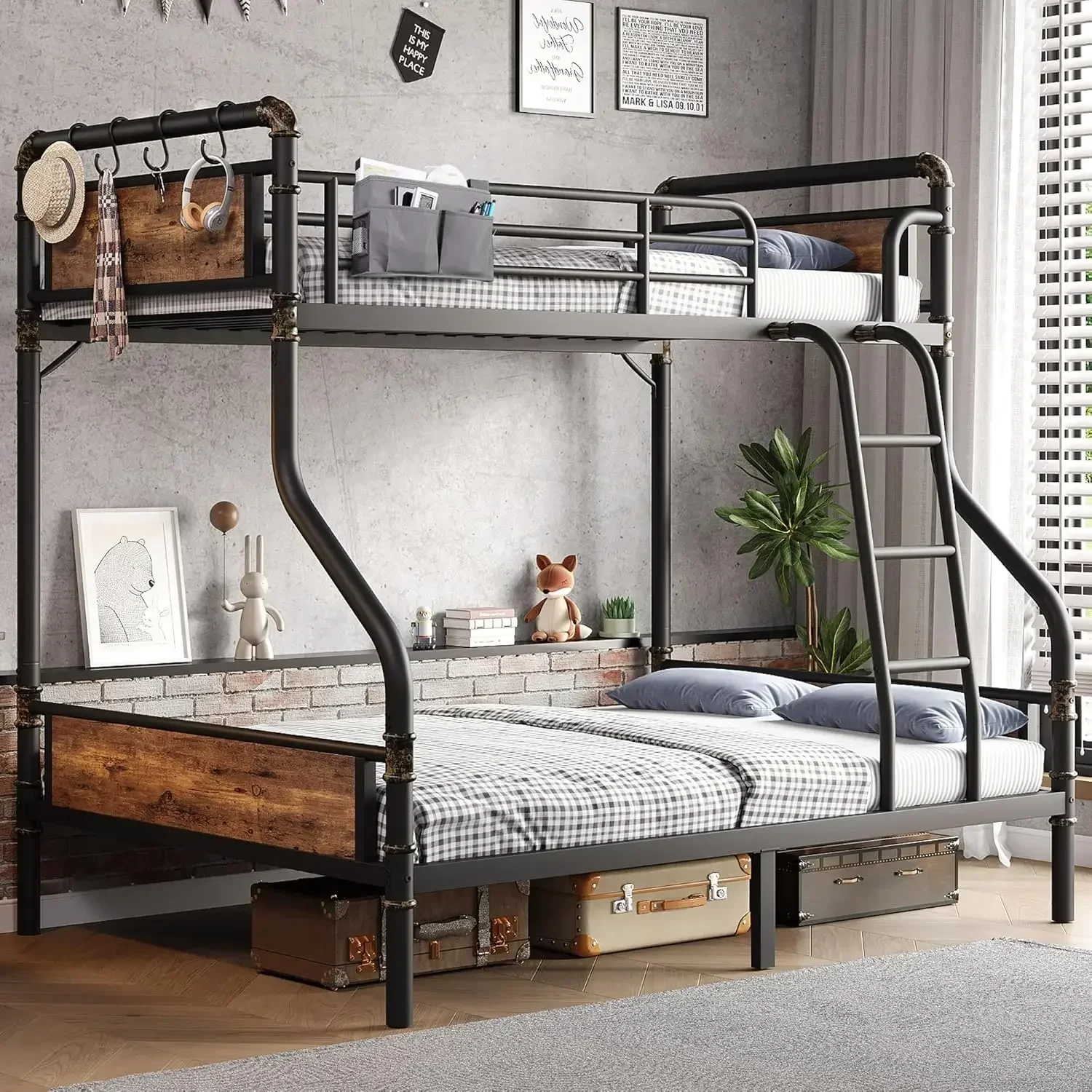 Metal Bunk Bed Twin Over Full, Industrial Bunkbeds Heavy Duty Bed with Safety Guard Rails and Space-Saving Design, Steel Bed for