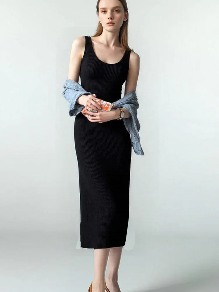 NEW Chic Women's Autumn Multi-Color V-Neck Ribbed Knit Sleeveless Cami Midi Dress, Sexy Slim-Fitting, Soft Knit Fabric
