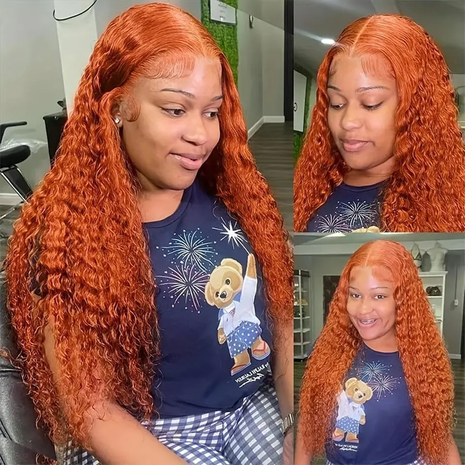 Ginger Water Wave Human Hair Wig 13x4 Lace Front Wigs Brazilian Orange Color Deep Curly Wave Lace Front Human Hair Wig