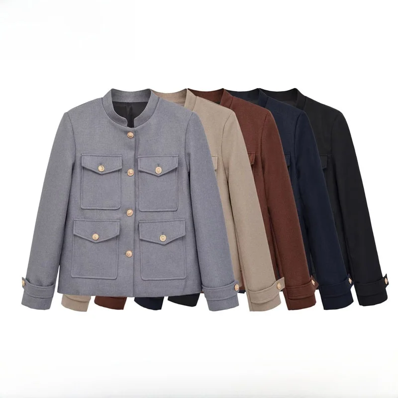 Early Autumn New Arrival Women's Fashion Simple Casual Multi-Pocket Stand Collar Jacket Polyester Fiber Short Coat