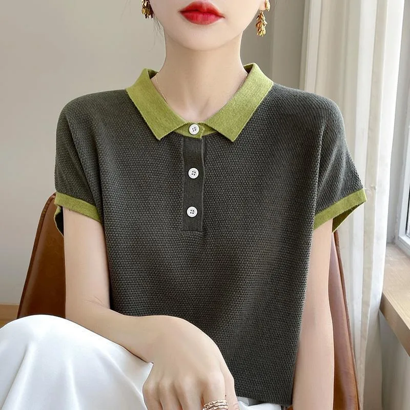 Women Summer Sweater Polo Neck Korean Fashion Short Sleeve Tee Pullover Loose Casual Ice Silk Female Outwear Clothing view 4