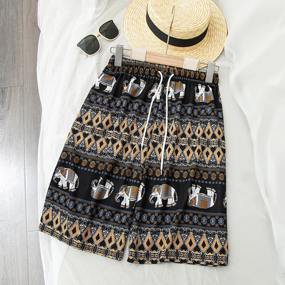 Women Shorts Elephant Pattern Loose Summer Beachwear Casual Pants High Waist Lightweight Soft Sleepwear Lounge Bottoms