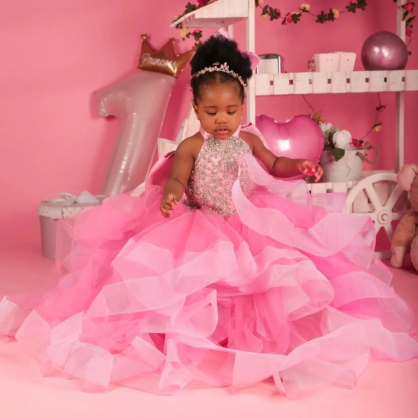 

Pink Crystal Girls Birthday Party Dress Tiered Tulle High Neck Flower Girl Dresses for Wedding Kids Prom Gown Customized