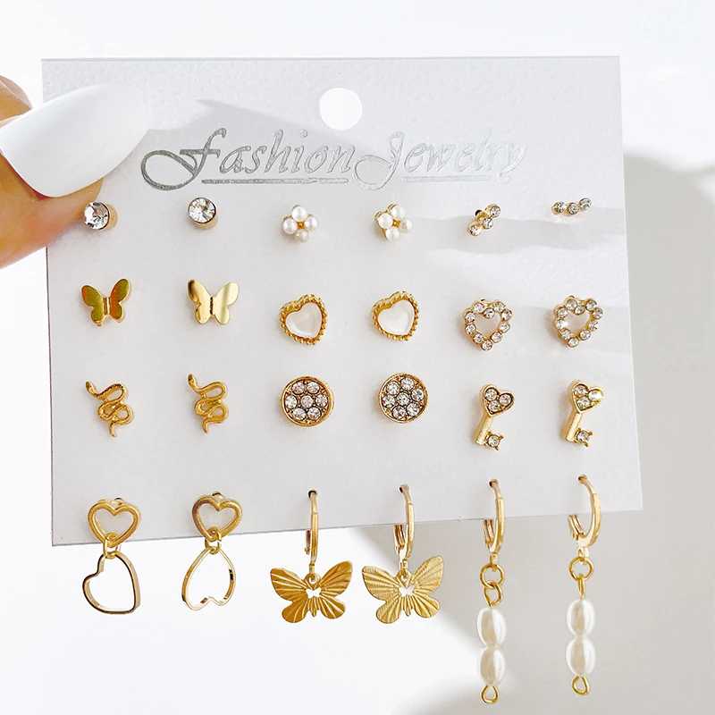 Butterfly Heart  Earring Ear Studs Set For Women Girls Simple Gold Color Circle Pearl Dangle Drop Earring Square Party Jewelry