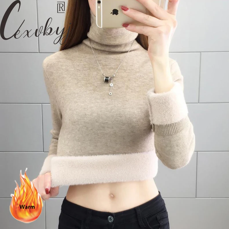Turtleneck Winter Sweater Women Korean Fleece Lined Knitted Sueter  Soft Warm Long Sleeve Jersey Pullover Casual Knitwear Tops