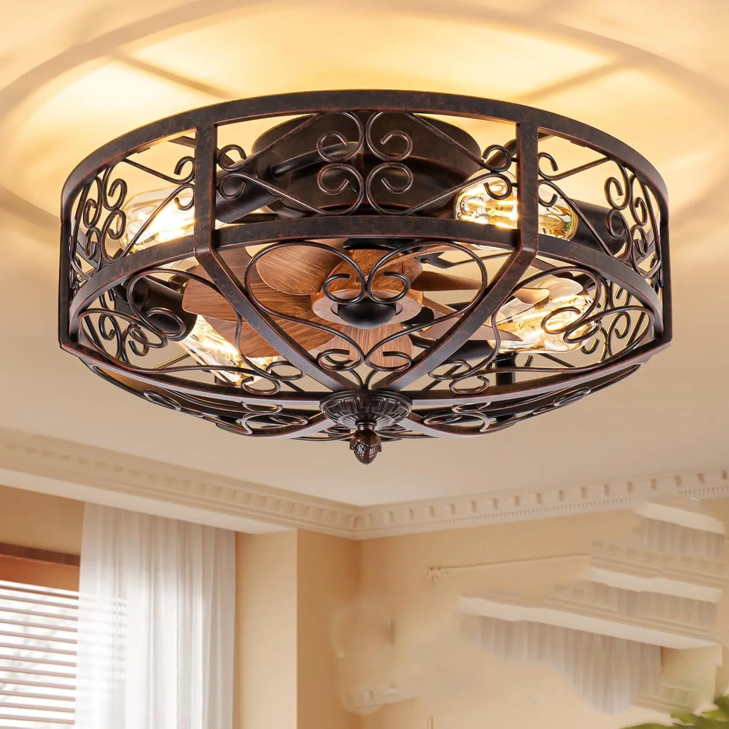 Modern Enclosed Flush Mount Ceiling Fan with Remote Control Rustic Ceiling Fan with Light Reversible Motor for Hallway, Kitchen