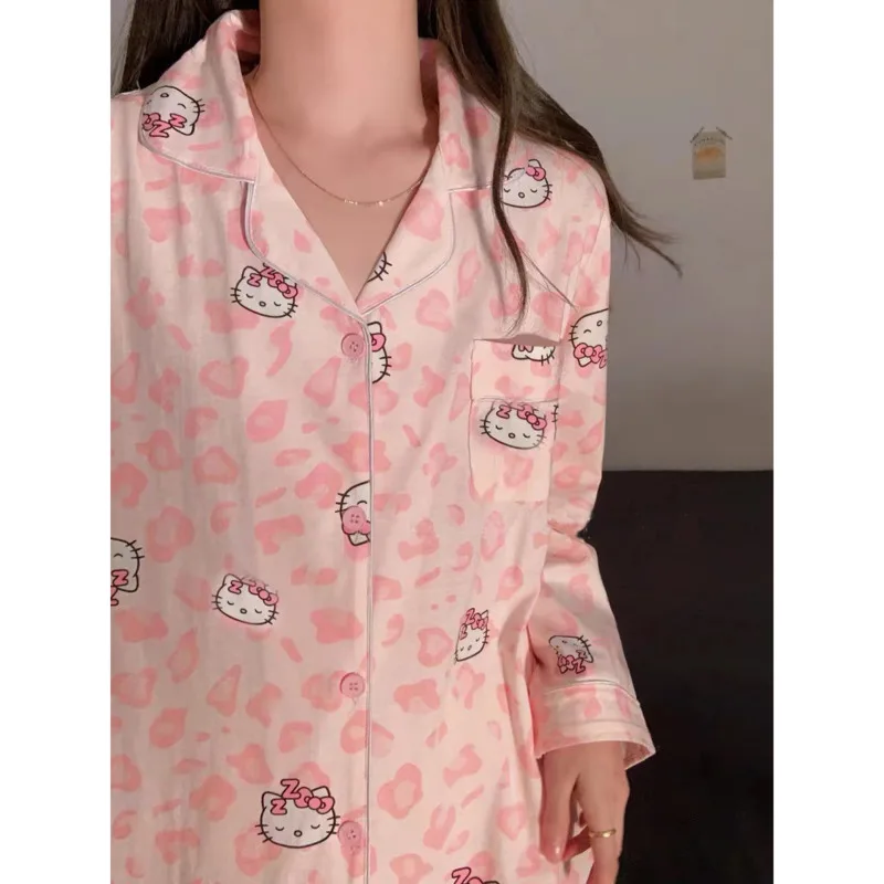 Cute Sanrio Hello Kitty Pink Pajamas Sets For Women Spring Autumn Long Sleeve Sleepwear Korean Fashion Home Wear Clothes Anime