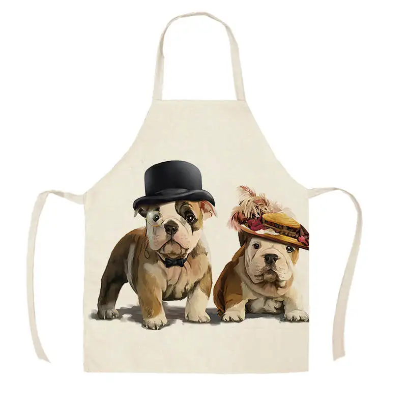 1Pcs Kitchen Apron Animals Cute Cartoon Cat Horse Dog Printed Sleeveless Cotton Linen Aprons for Women Home Cleaning Tools55*68c