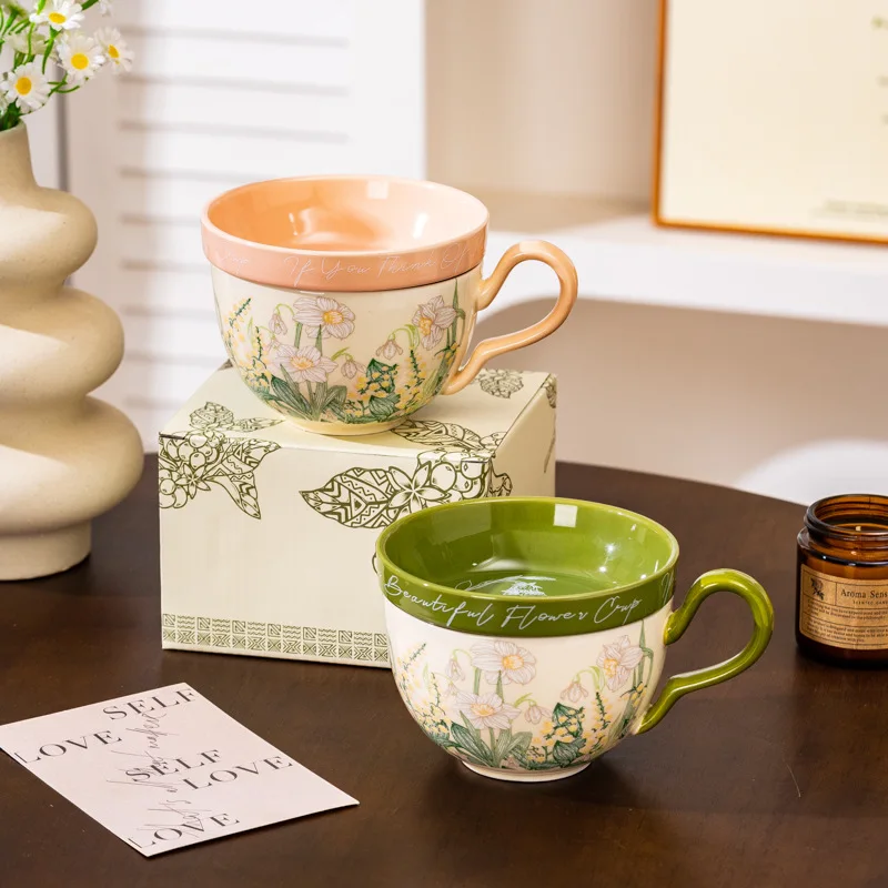 Retro Rural Style Large Capacity Ceramic Breakfast Cup with Crank Flowers Coffee Cup Dish Cups Lid Set Household Milk Mug Gift