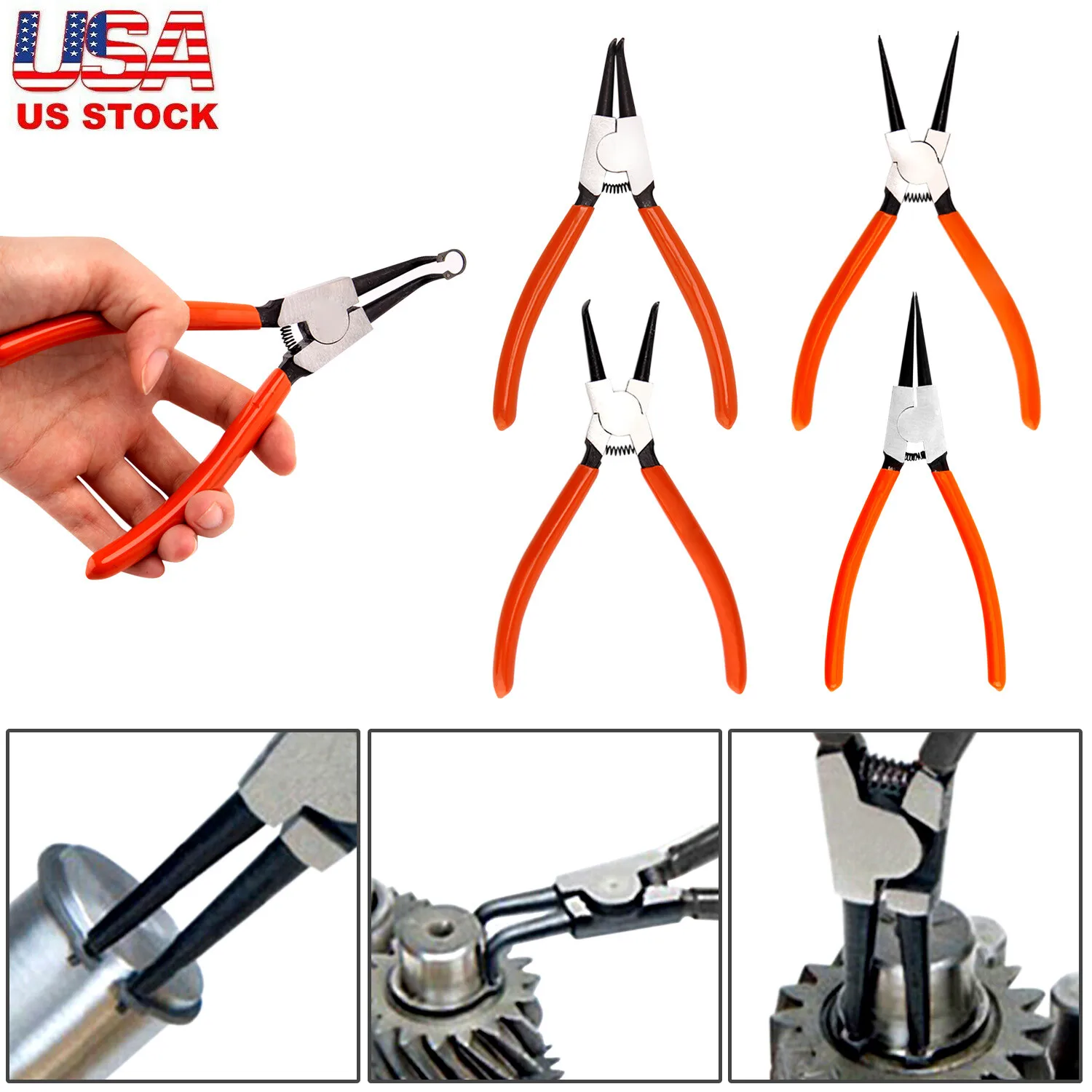 4 PCS Heavy Duty 7 Circlip Plier Snap Ring Plier External Internal Kit w/ Pouch