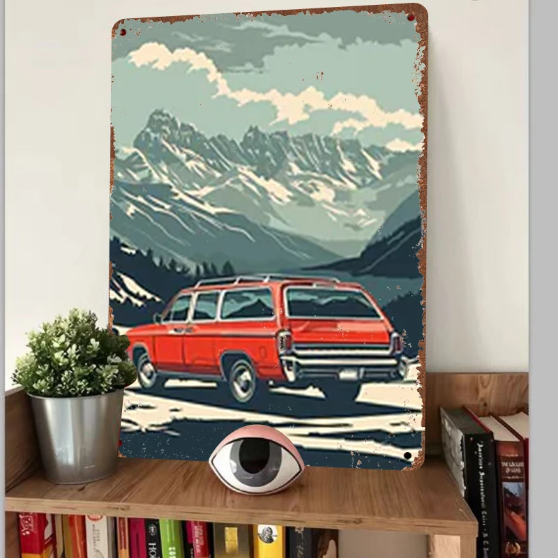 Vintage Red Station Wagon Snow Mountain Custom Metal Tin Sign Home Wall Decor Artwork