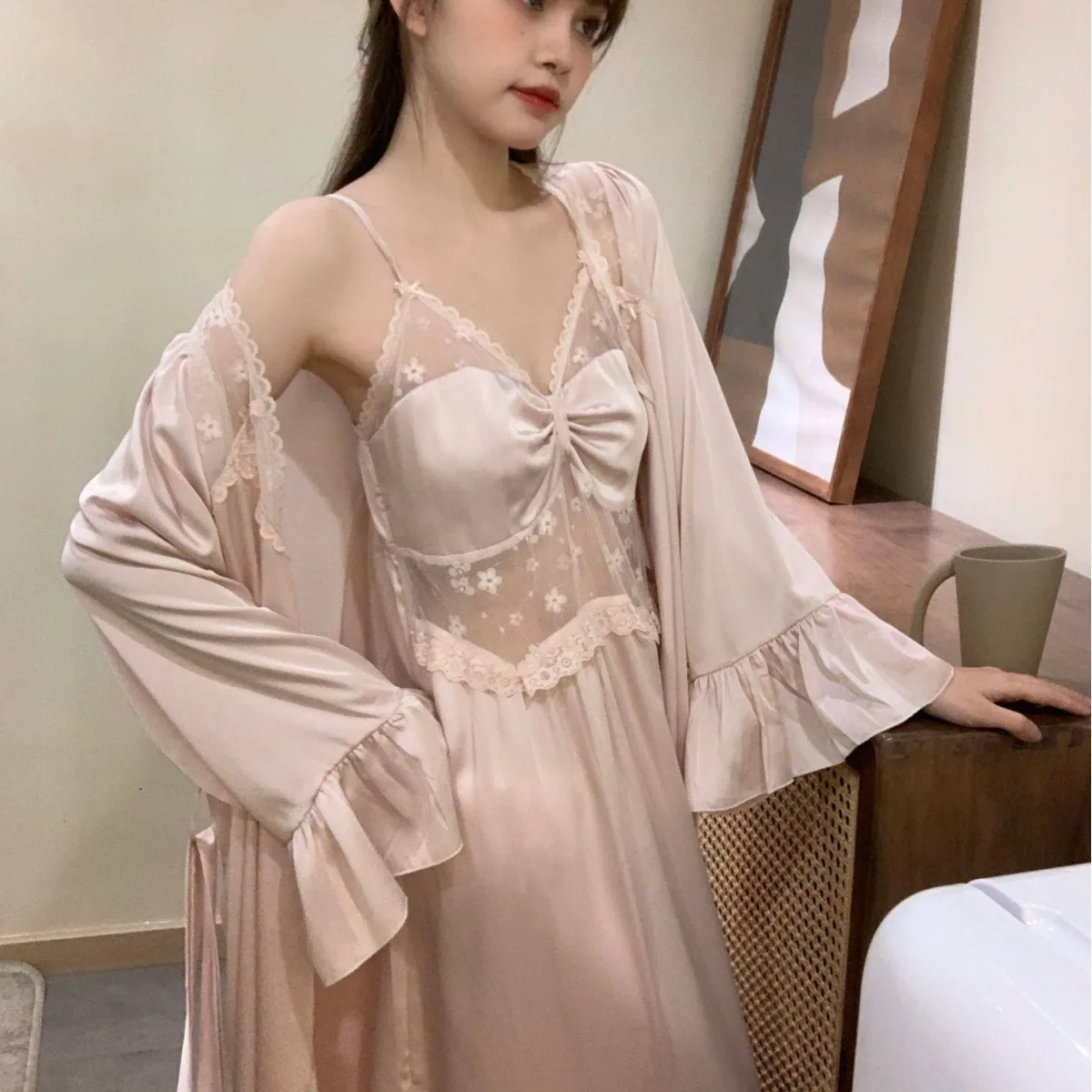 

Bride Kimono Bathrobe Gown Suit Female Twinset Robe Set Lace Chemise Nightgown Summer Mesh Satin Sleepwear Nightdress Home Wear