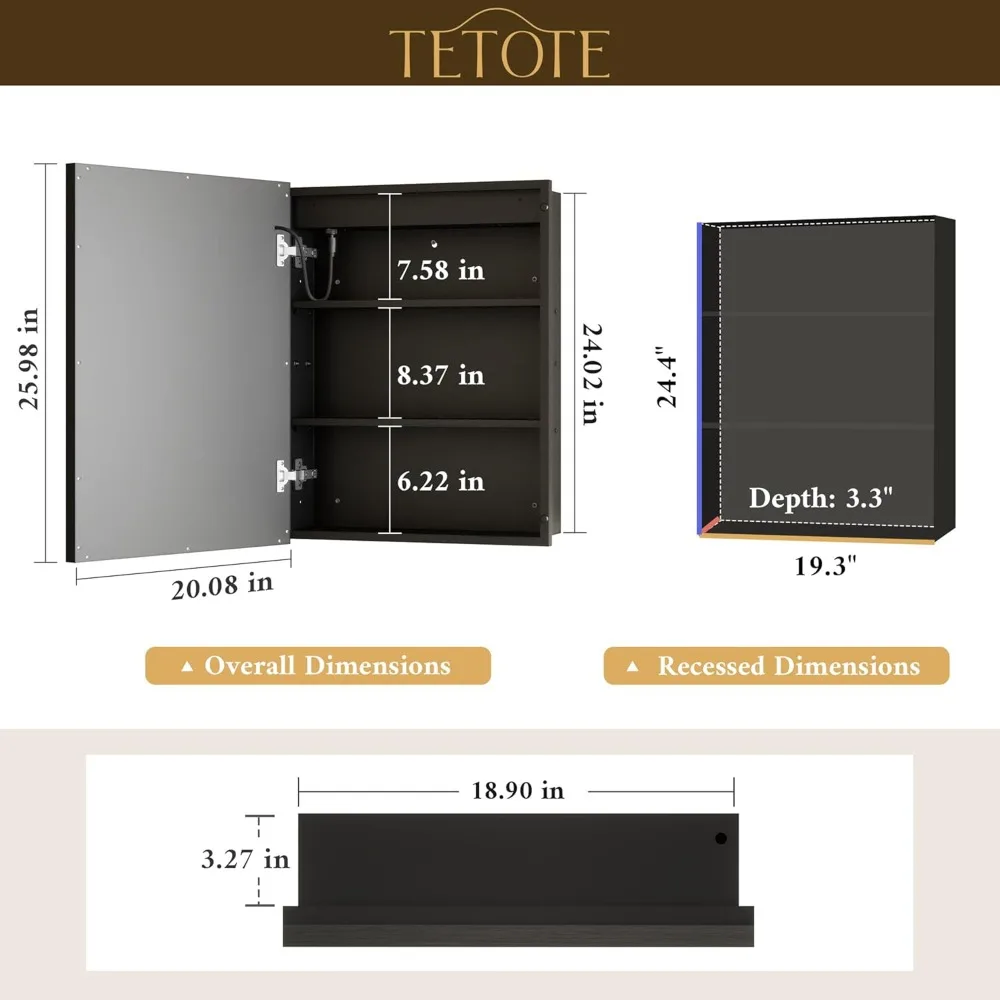 خزانة أدوية للحمام بإطار معدني بإضاءة LED باللون الأسود، مقاس 20 × 26 بوصة، مثبتة على السطح أو