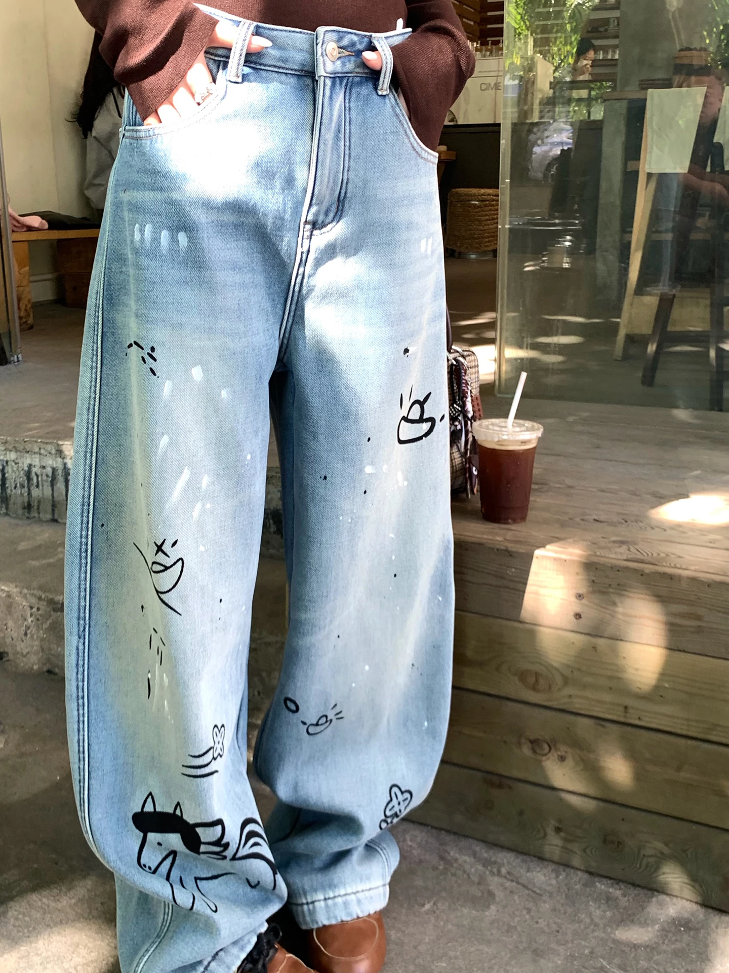 

Xuekeke Casual Loose Women's Jeans Straight Leg Faionable Ele Design Winter Collection Ladies' Premium Denim Pants