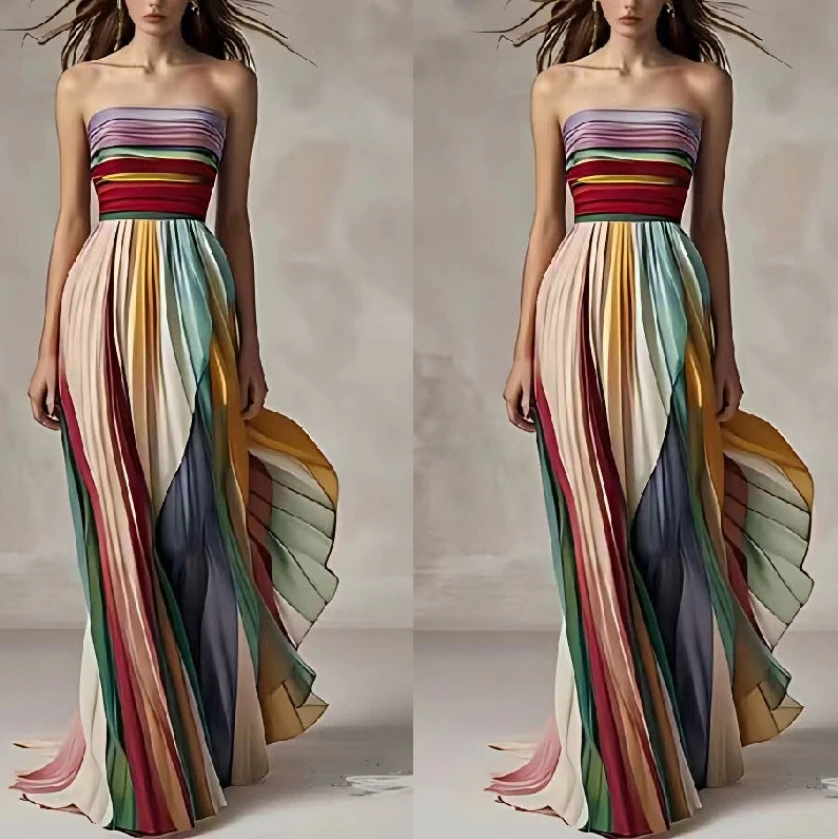 

Women Summer Printing Patchwork Maxi Dress, Sleeveless Fashion Holiday Party Dress, 2025 Elegant Strapless Ladies Dress Vestidos