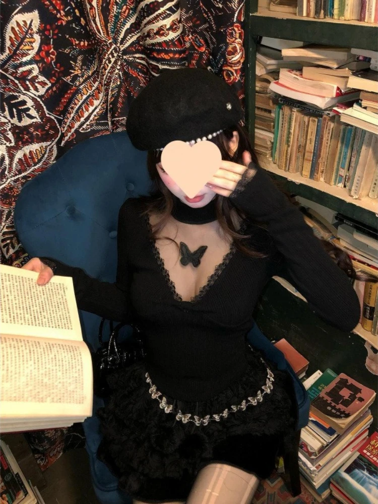 Y2k Aesthetic Women Sexy Knitted  T-shirt Vintage Lace Patchwork Grunge Cropped Tshirts Harajuku Vintage See Through Tees Femme