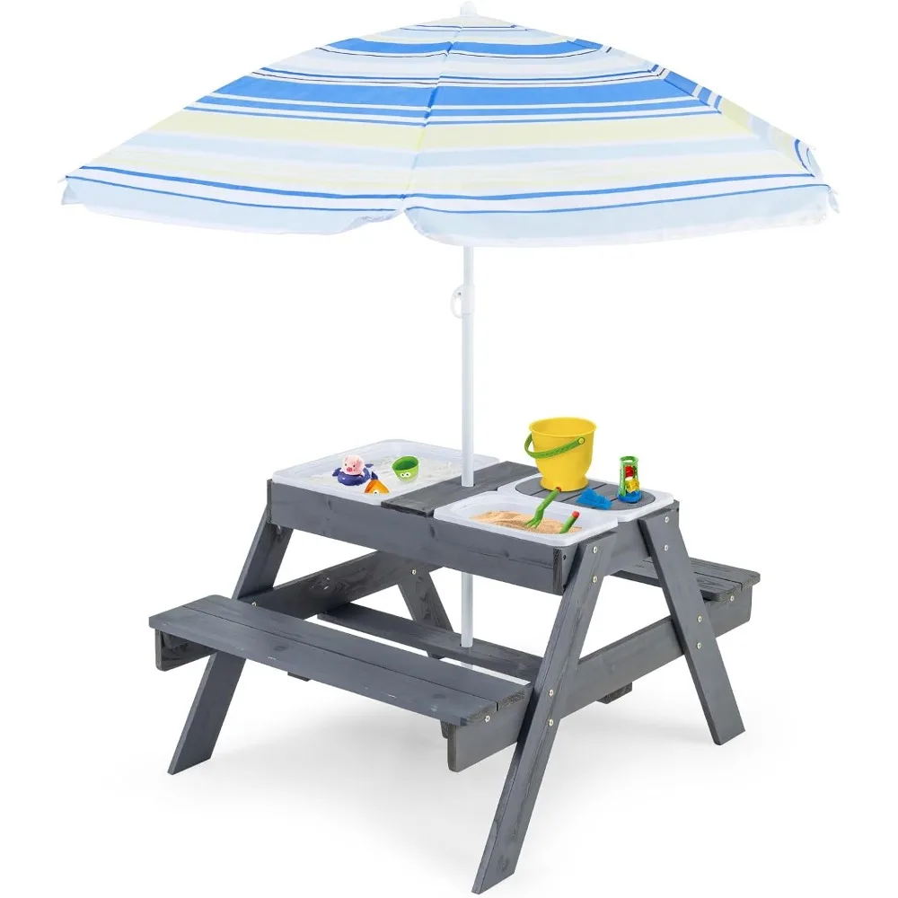 

Kids Picnic Table, 4 in 1 Cedar Wooden Sand & Water Table w/ 3 Removable Box & Umbrella, Kids Picnic Tables